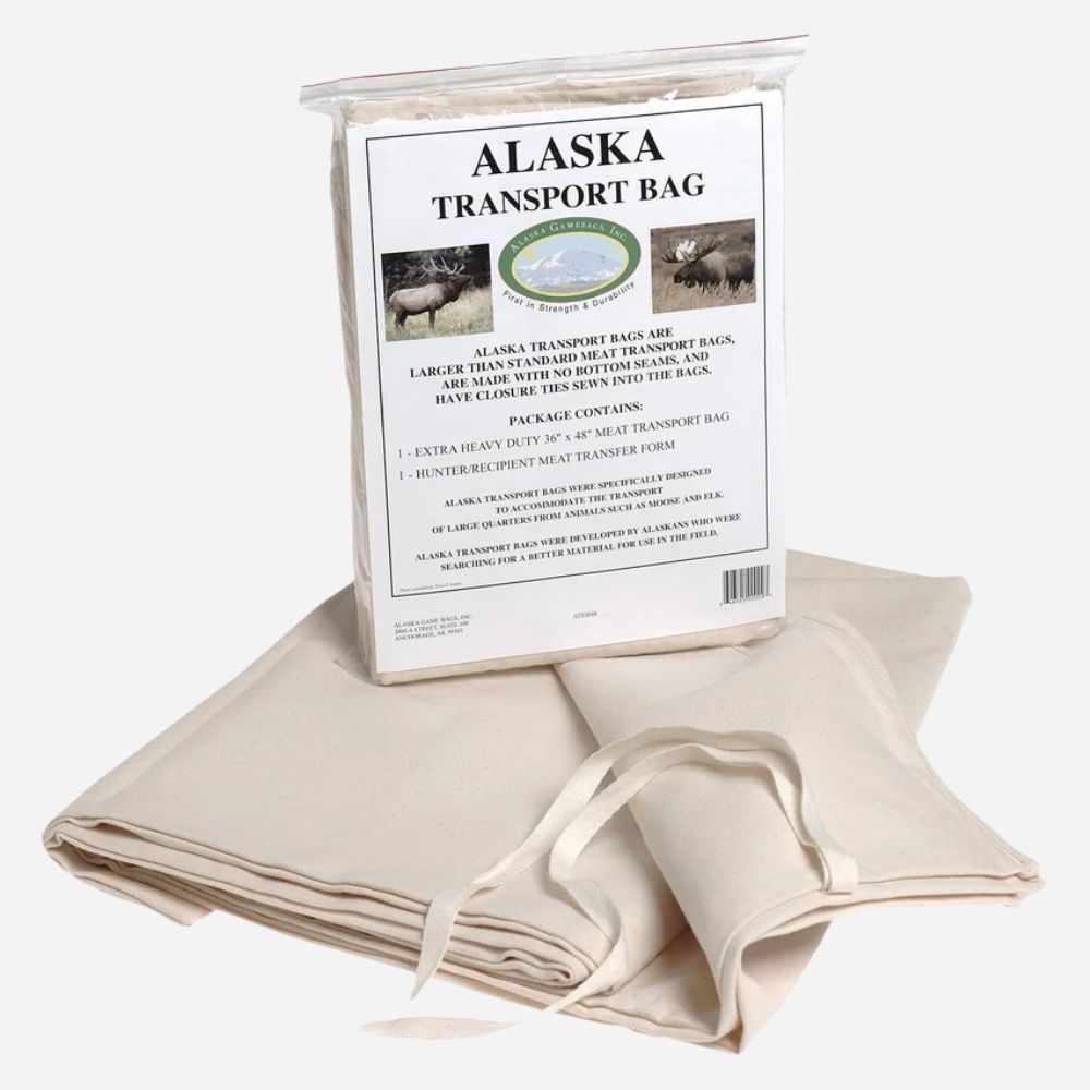 Alaska Transport Bag packaging with beige fabric on a white background