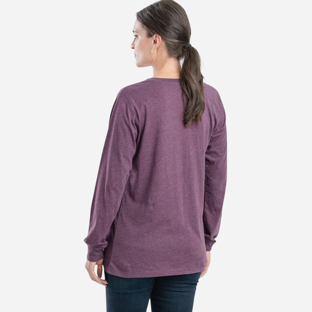 Woman wearing a purple long-sleeve shirt on a white background