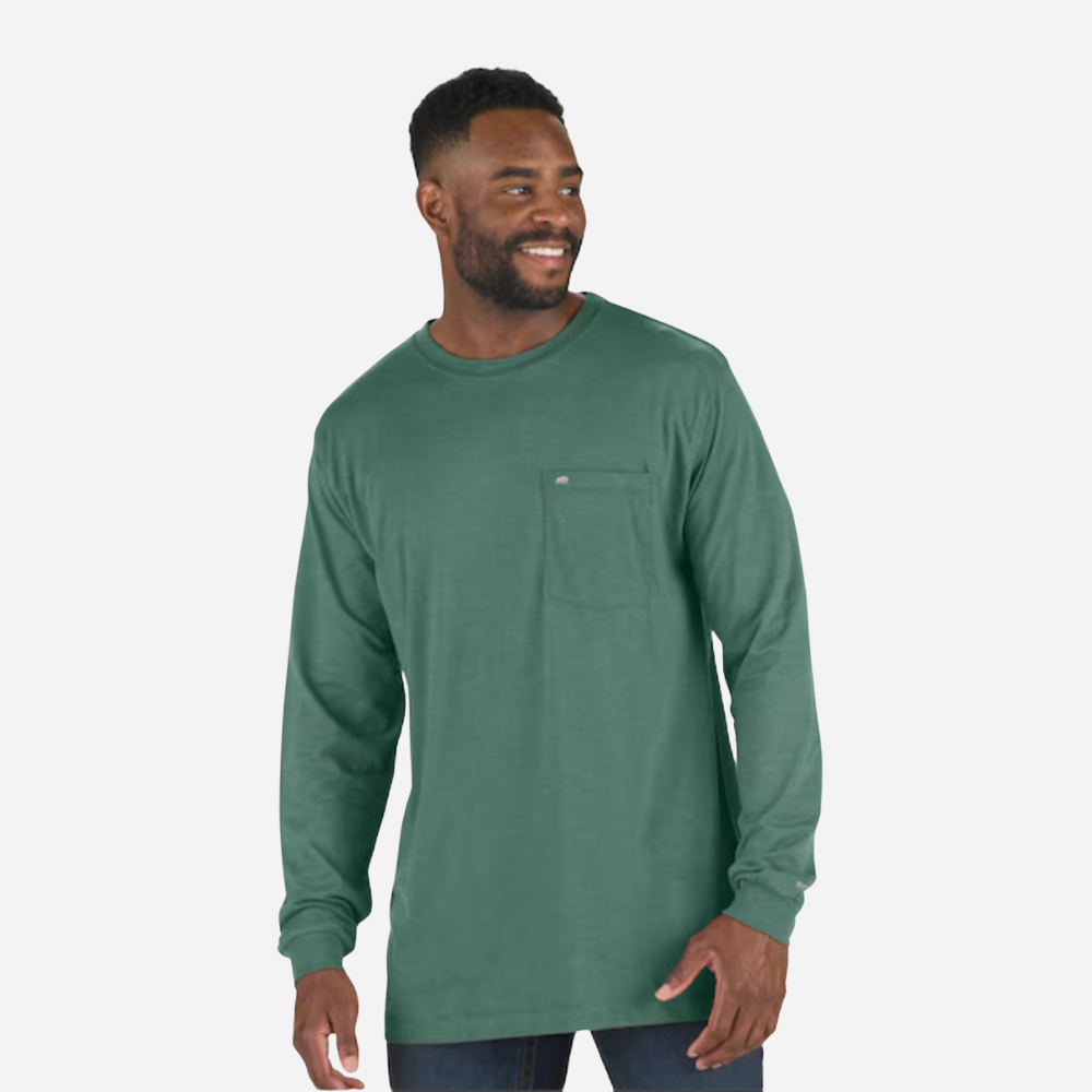 Man wearing a green long-sleeve shirt on a white background