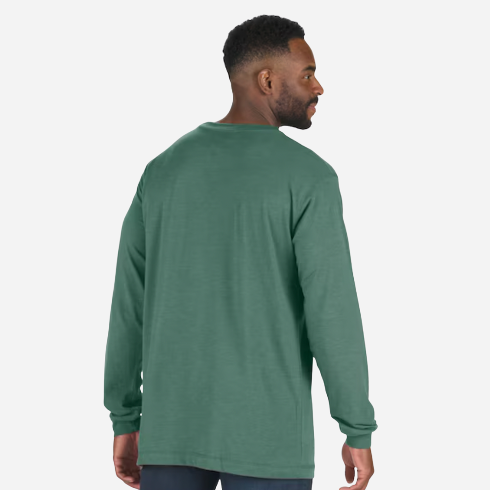 Man wearing a green long-sleeve shirt on a white background