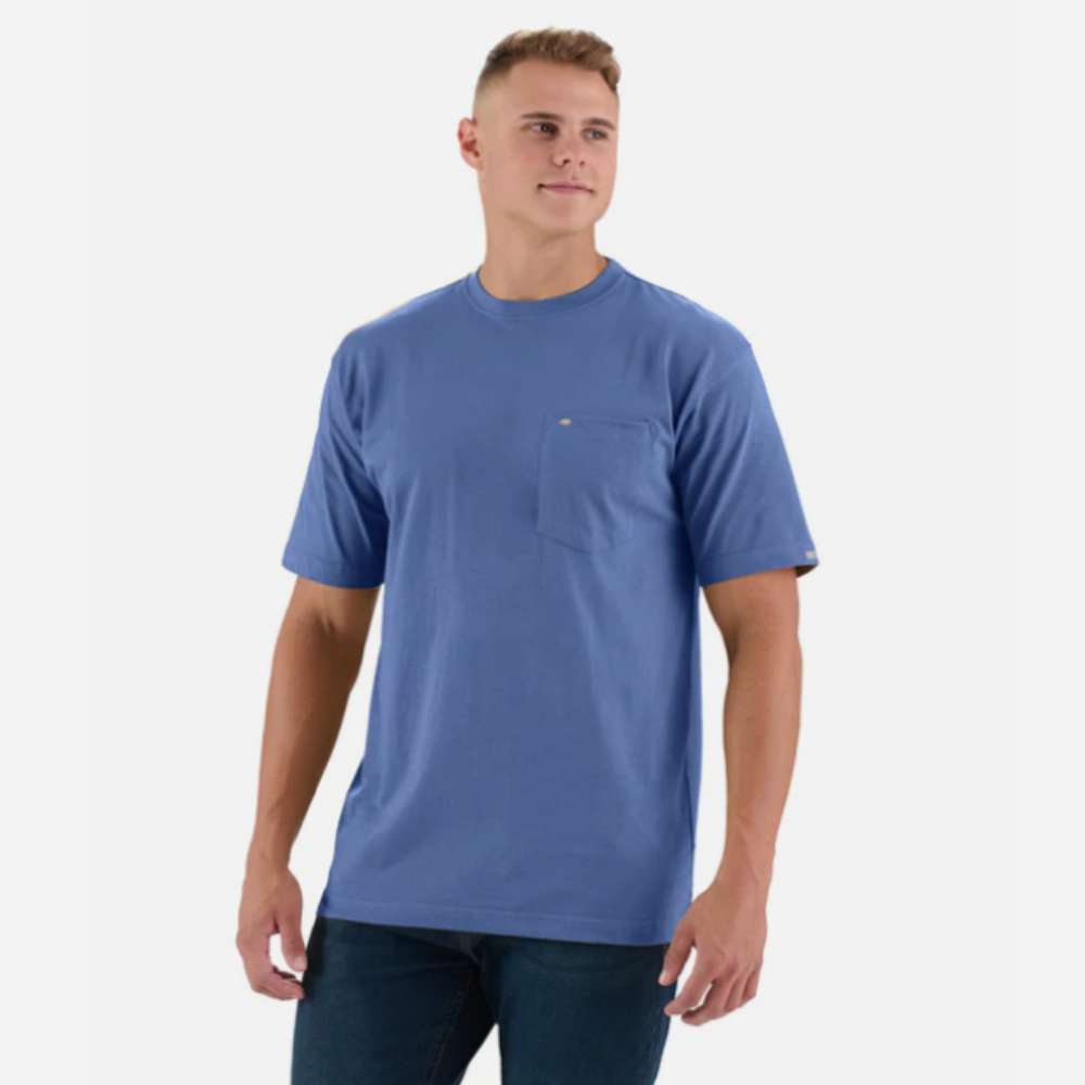 Man wearing a blue t-shirt with a pocket on a white background