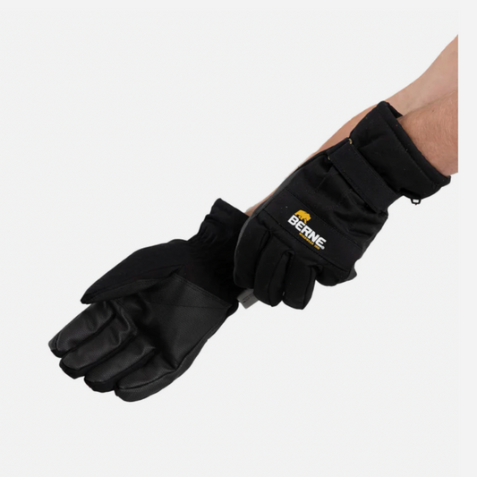 Black gloves with a visible brand logo on a white background