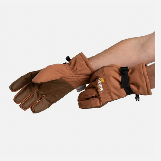 Brown gloves with a brand logo on a white background