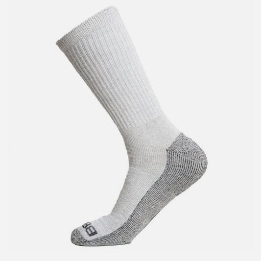 White sock with gray heel and toe on a white background