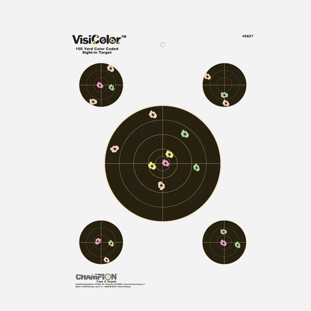 VisiColor sight-in target with concentric circles and colored dots on a white background
