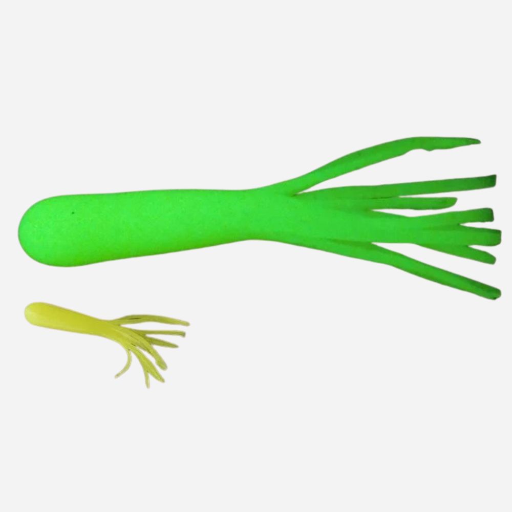 Green soft plastic fishing lure with multiple tentacle-style tails for freshwater fishing