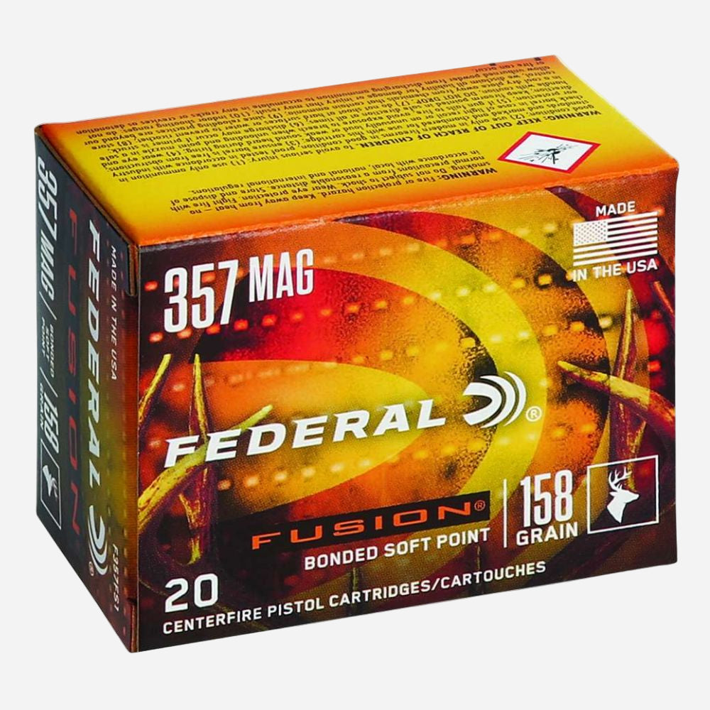 Box of Federal Fusion 357 Mag ammunition on a white background