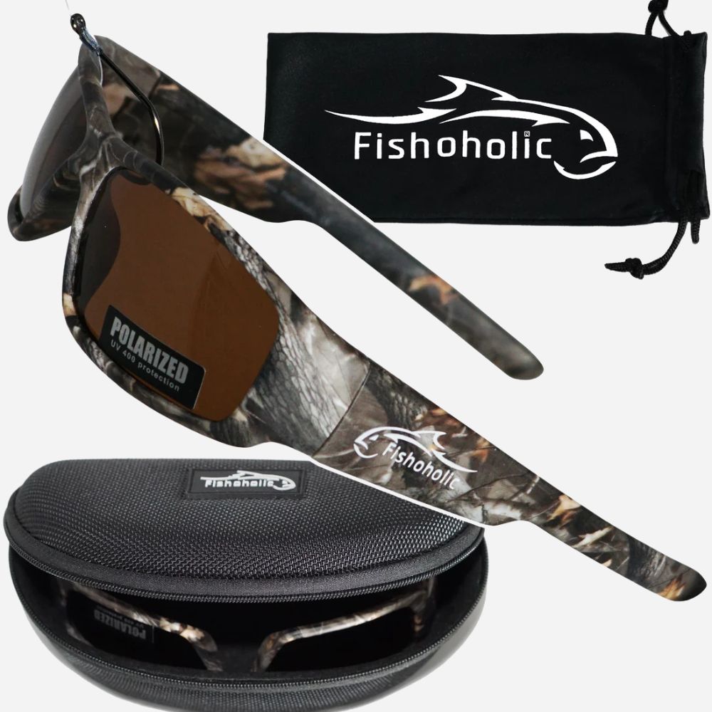 Fishoholic sunglasses with a brown and black camouflage pattern, featuring a black polarized lens, a black drawstring storage pouch, and a hard-shell black protective case on a white background.