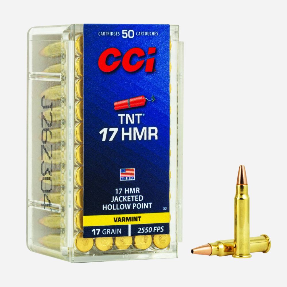 Box of CCI TNT 17 HMR ammunition with a single bullet on a white background
