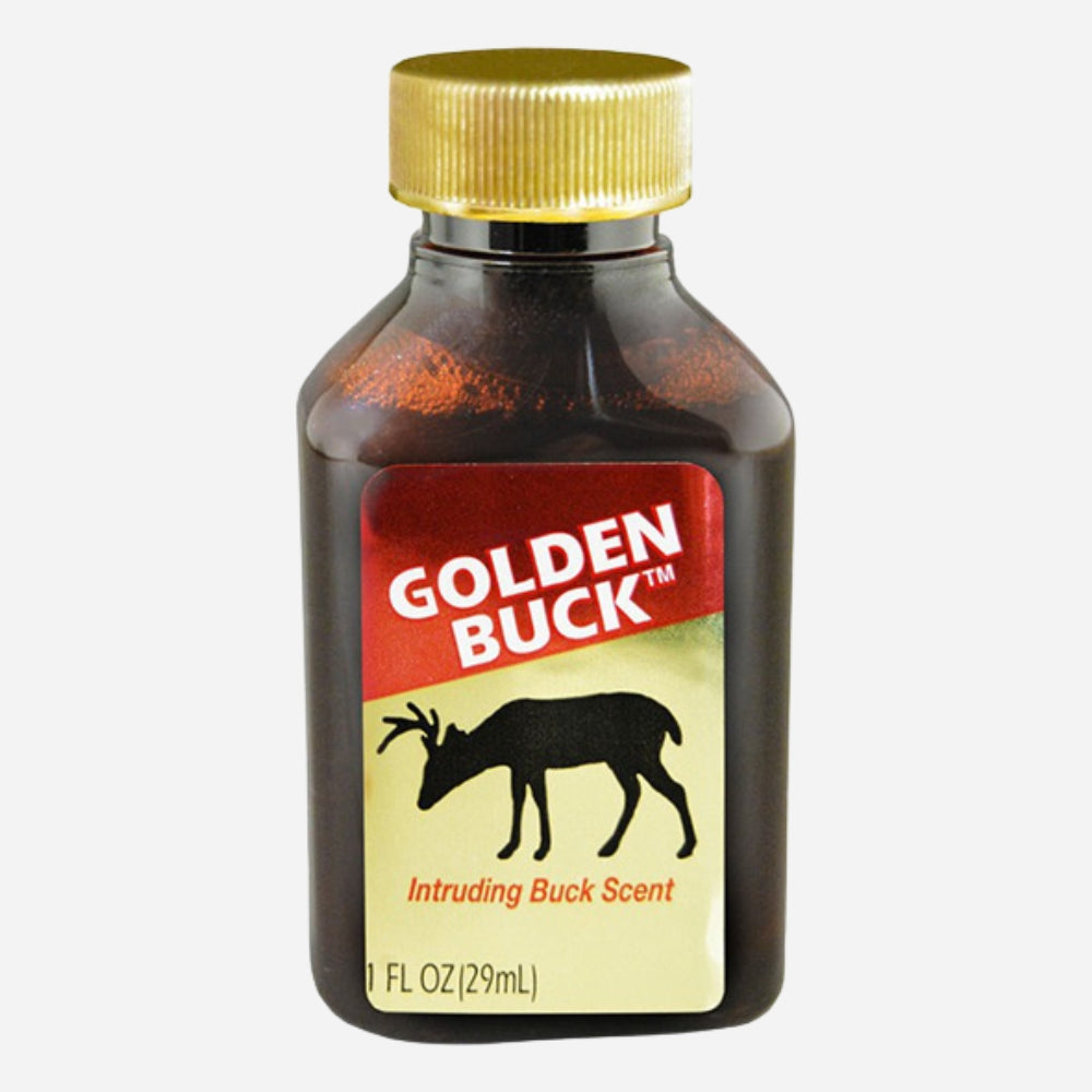 Bottle of Golden Buck scent with a gold cap on a white background