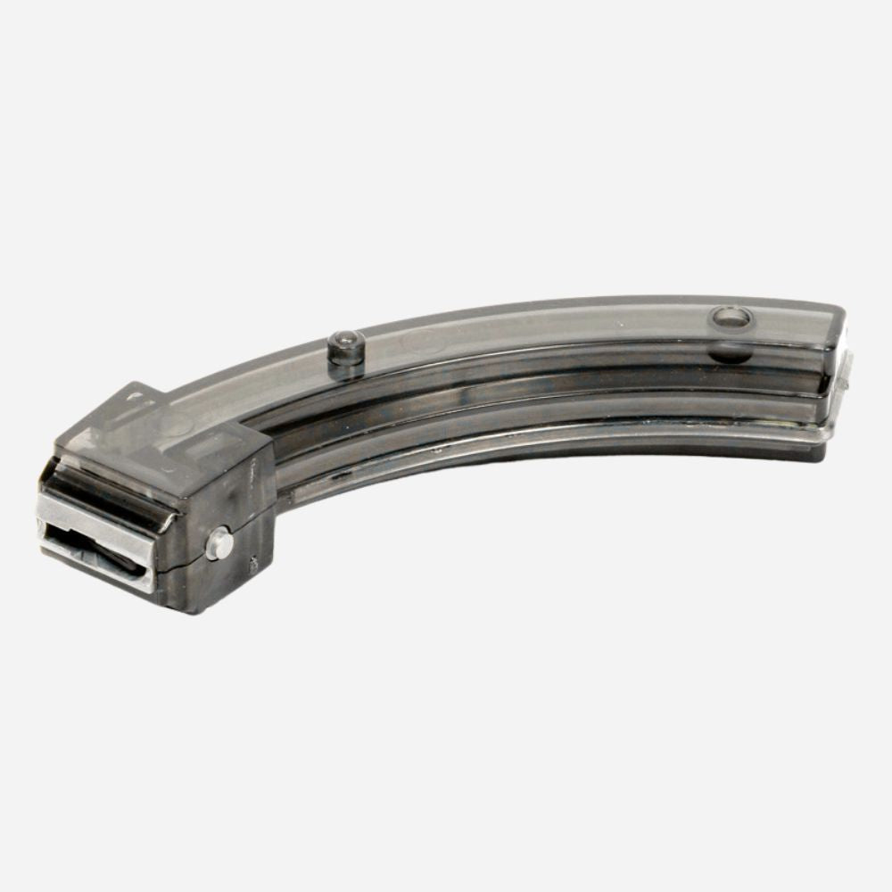 A curved, transparent plastic magazine or clip with a dark gray metal end cap, shown on a plain light gray background.