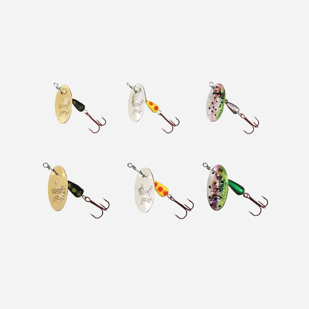 Six fishing spinners arranged in a 2x3 grid on a light gray background. The lures include gold, silver, green, yellow, and camouflage patterns with treble hooks.