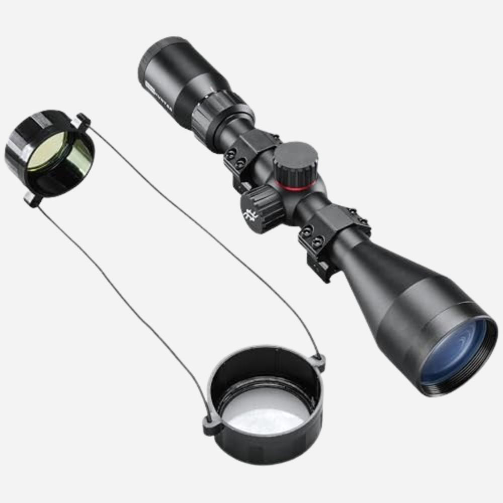 Riflescope with adjustable objective lens on a white background