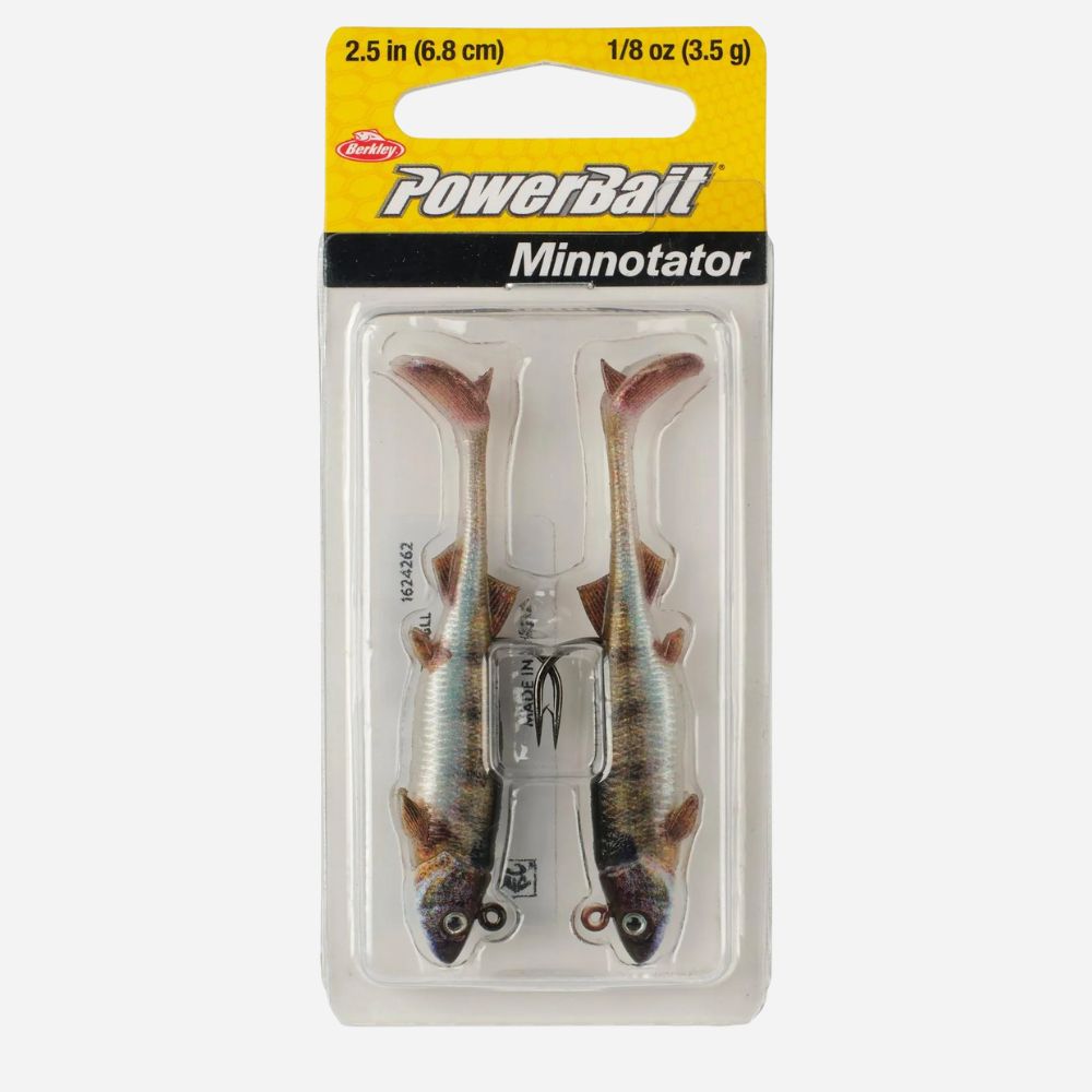 Packaged PowerBait Minnotator fishing lures with clear front and yellow back.