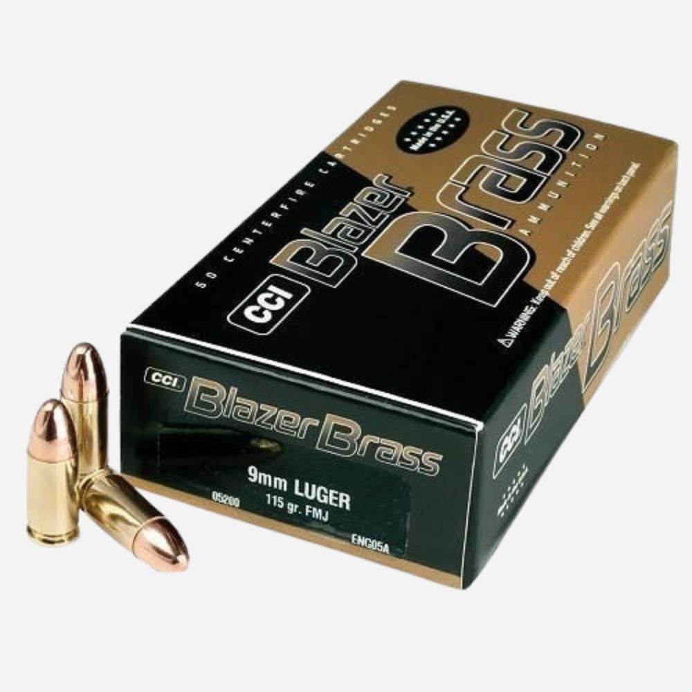 Box of Blazer Brass 9mm Luger ammunition on a white background