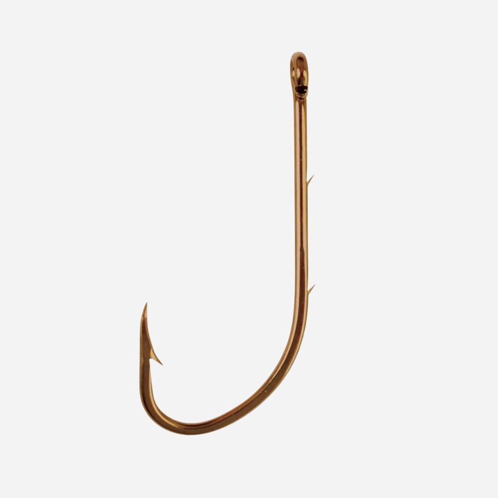 A single metallic copper-colored fishing hook with a curved body, sharp point, and a small vertical barb near the top shank, shown against a plain light gray background.