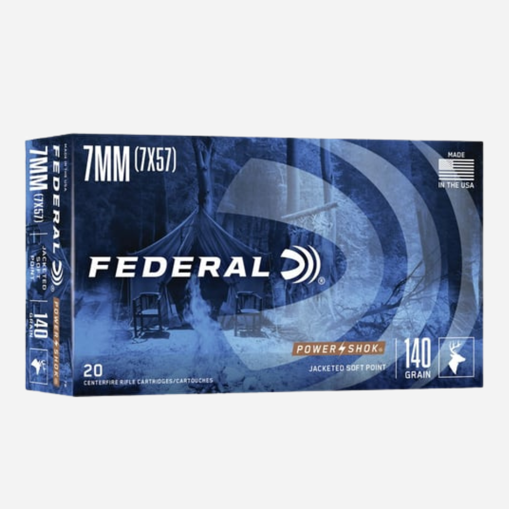 Federal ammunition box with blue and gray design on a white background