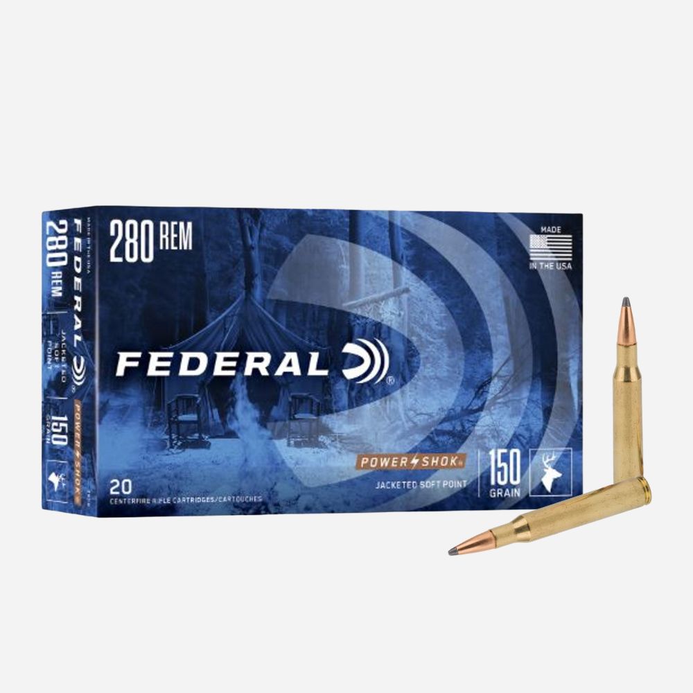 Federal 280 Remington ammunition box with a bullet on a white background