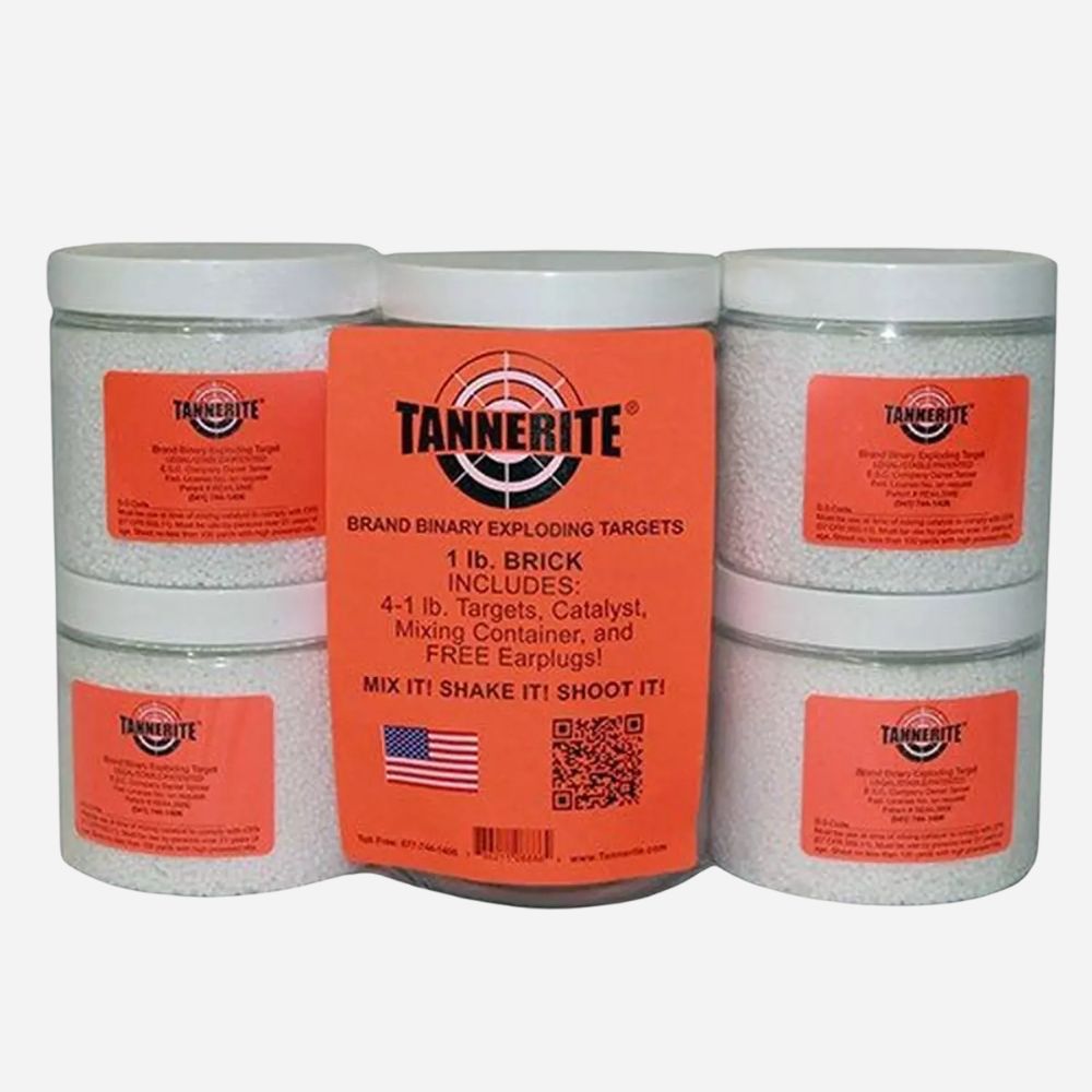 Four Tannebite brand binary exploding targets in clear plastic jars with white lids and bright orange labels, arranged symmetrically on a light gray background.
