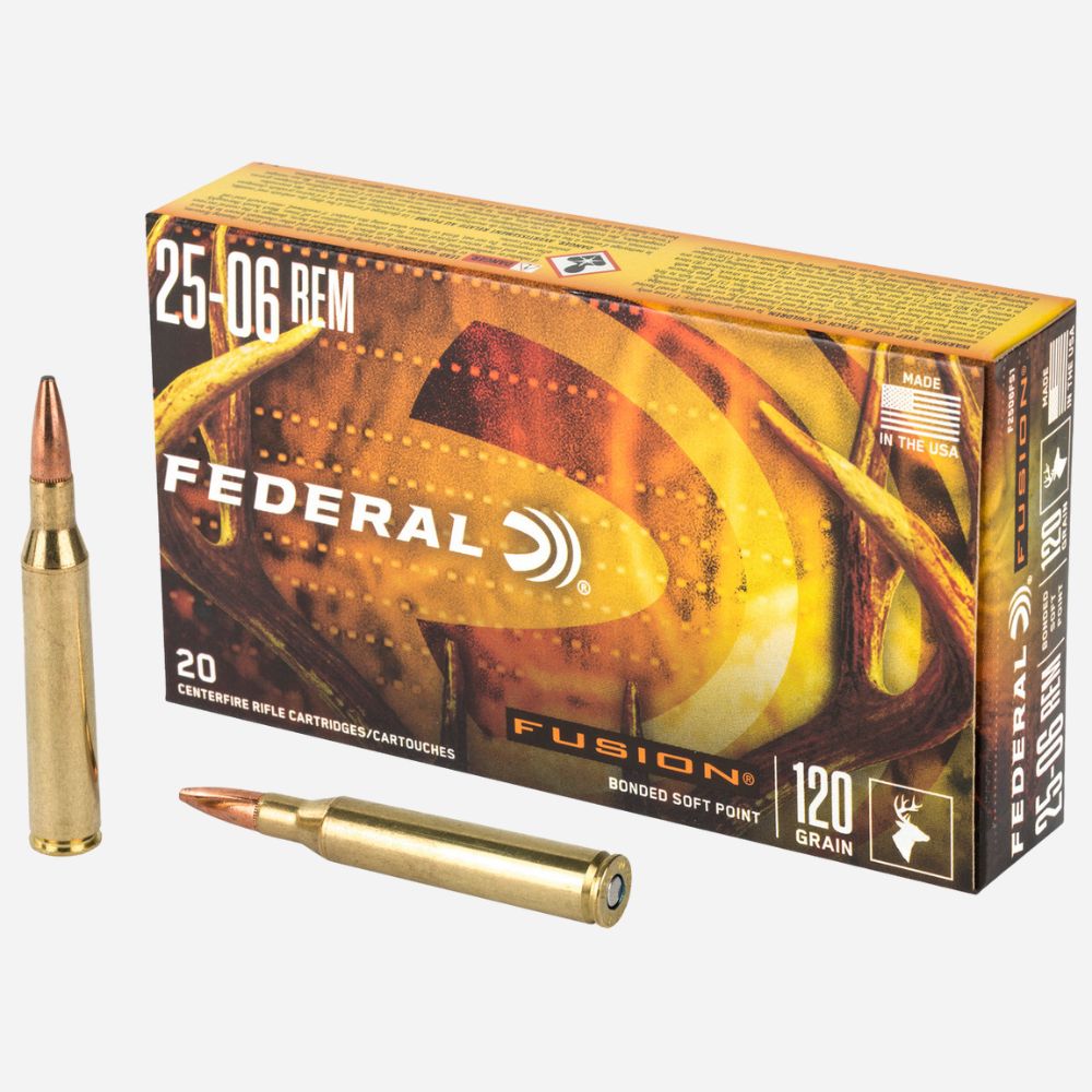 Federal Fusion 25-06 Remington ammunition box with bullets on a white background