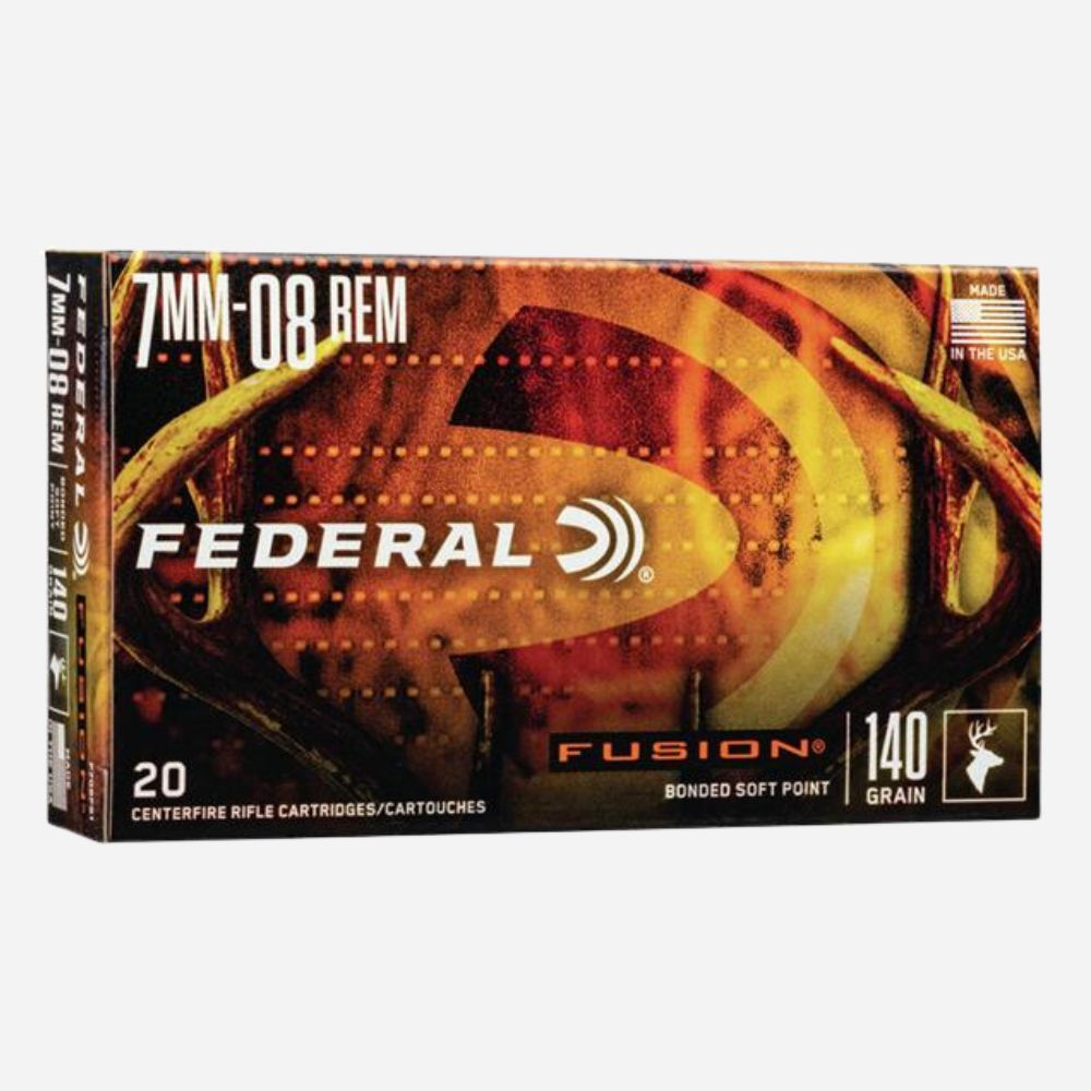 Federal Fusion ammunition box with a target design on a white background