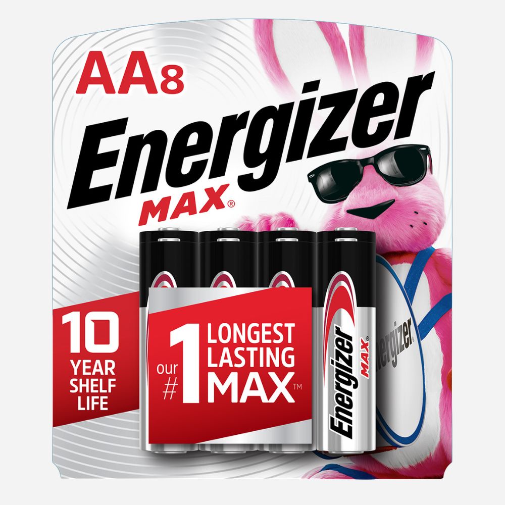 Energizer Max AA batteries packaging with a cartoon character wearing sunglasses.