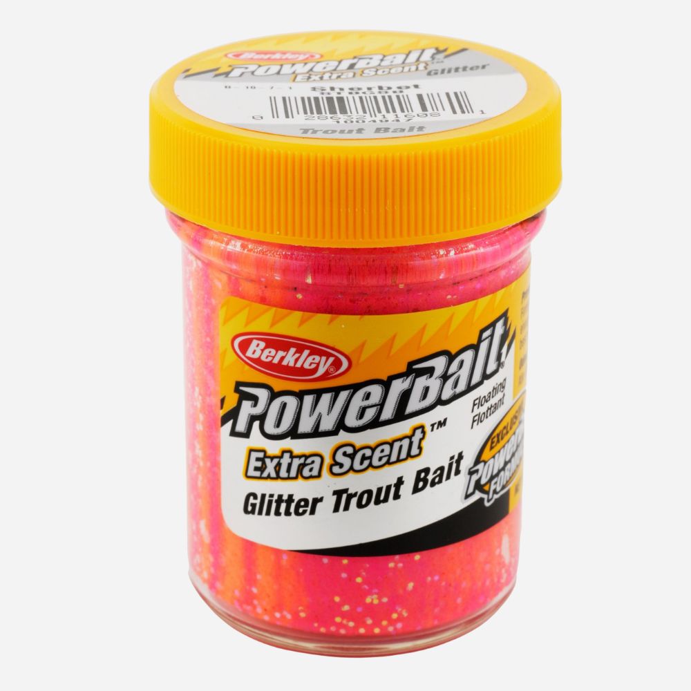 Jar of Berkley PowerBait Extra Scent Glitter Trout Bait on a white background