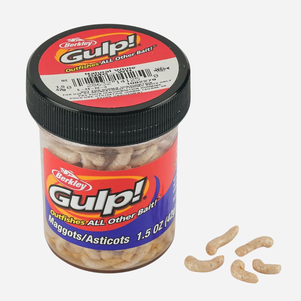 Berkley Gulp! jar with maggots on a white background