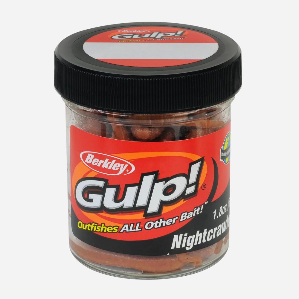 Jar of Berkley Gulp! Nightcrawler fishing bait on a white background