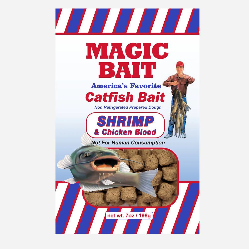 Package of Magic Bait catfish bait with a fish and shrimp illustration on a blue and red striped background.