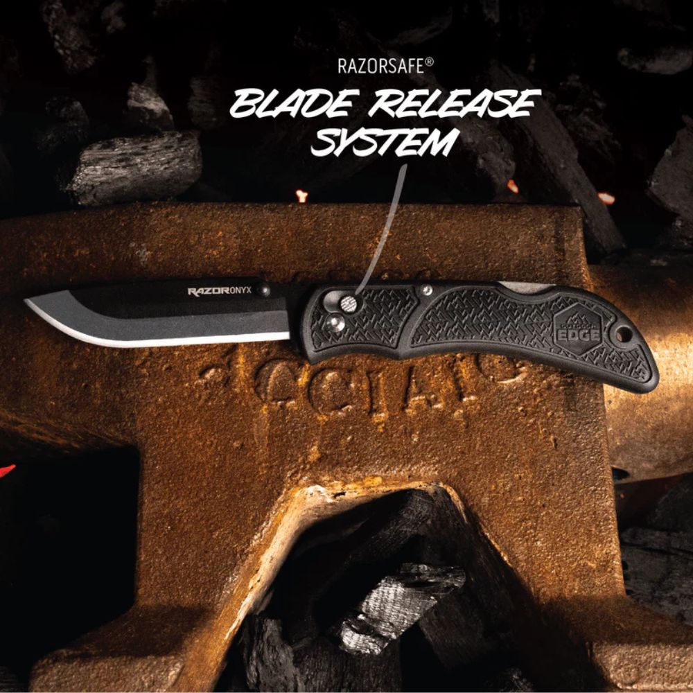 Knife with blade release system on a rusty metal surface, featuring the RazorSafe brand.
