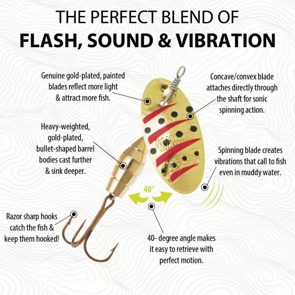 Gold-plated fishing spinner lure with vibrating blade, weighted body, and treble hook for attracting fish