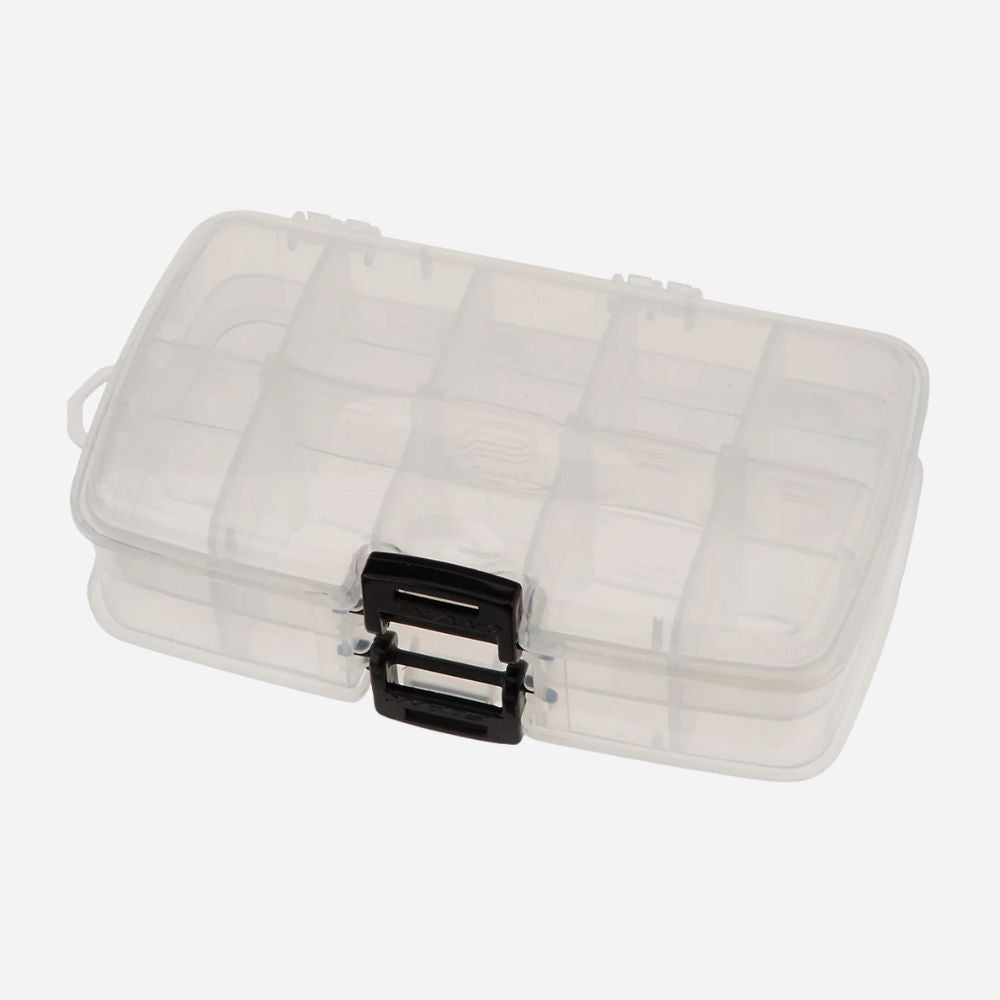 Clear plastic tackle box with a black latch on a white background