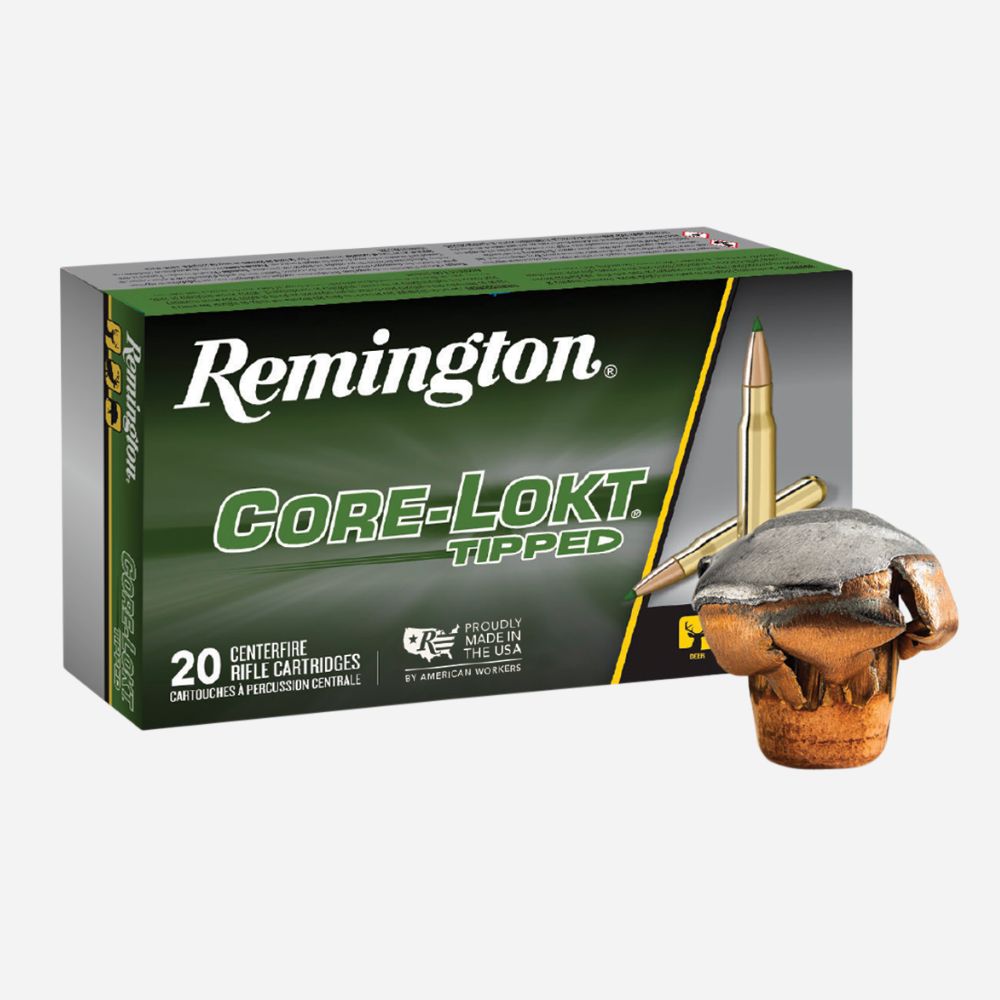 Remington Core-Lokt tipped ammunition box with a bullet on a white background