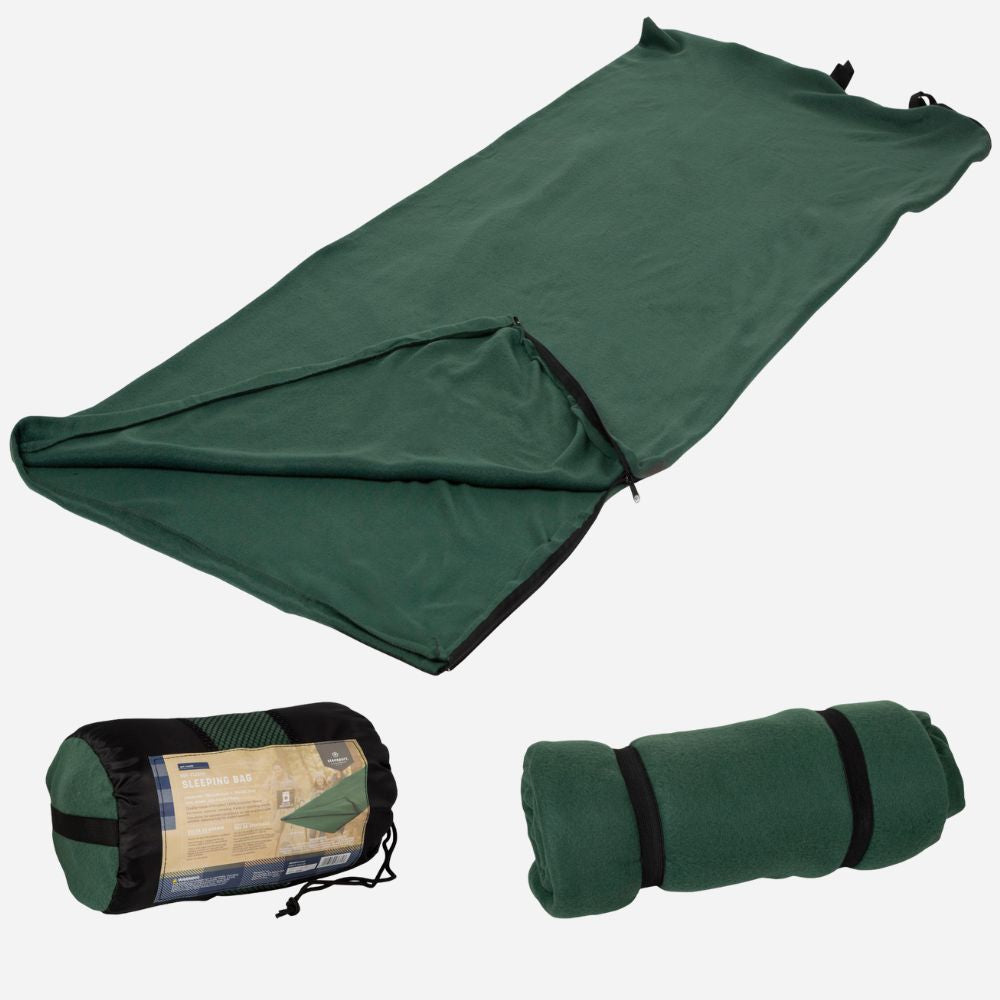 Green camping mattress with two rolled-up versions on a white background