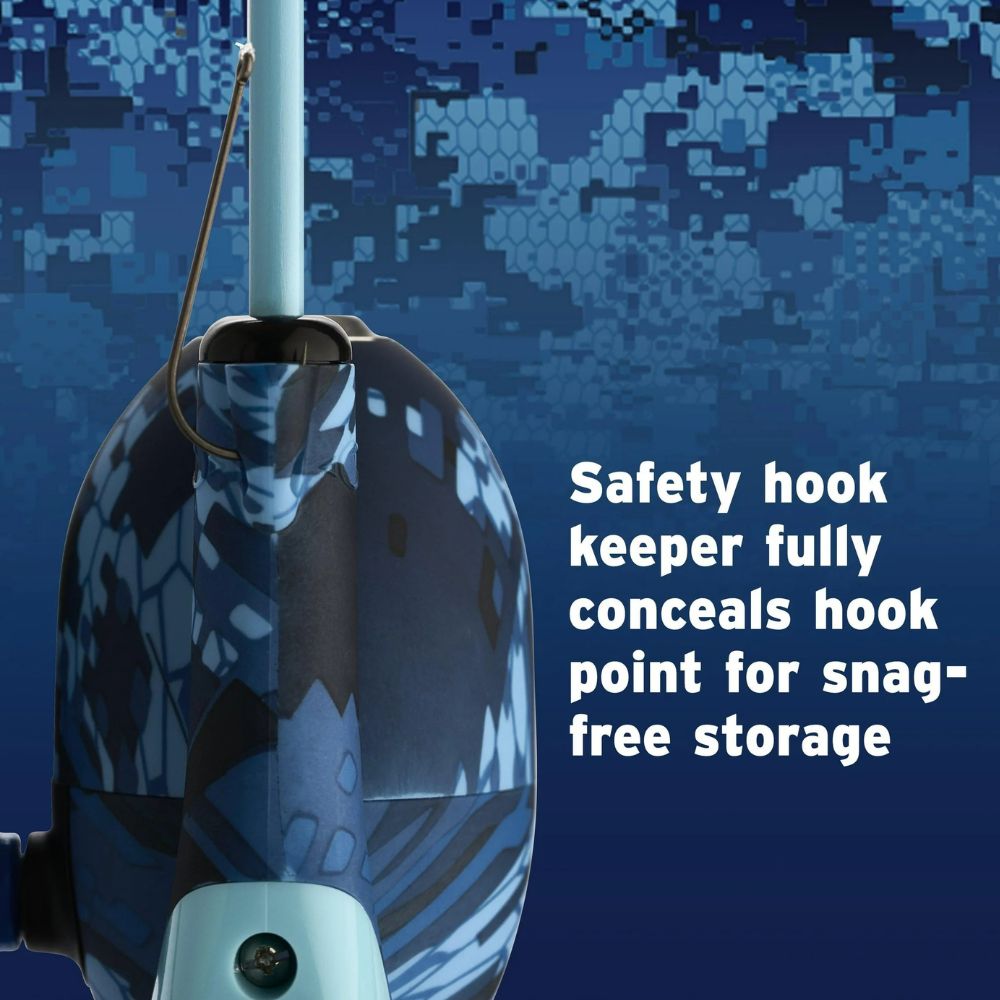 Camouflage fishing reel with safety hook feature on a blue background