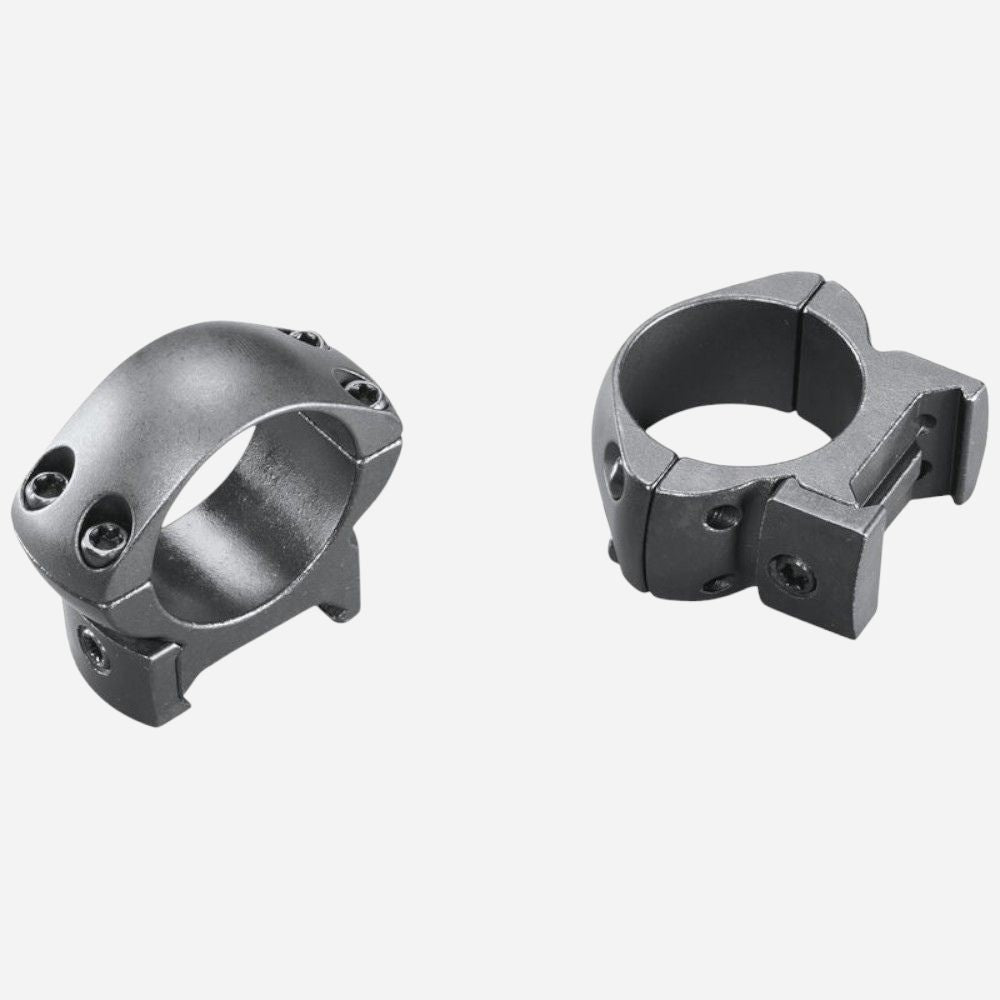 Two metallic ring components on a white background