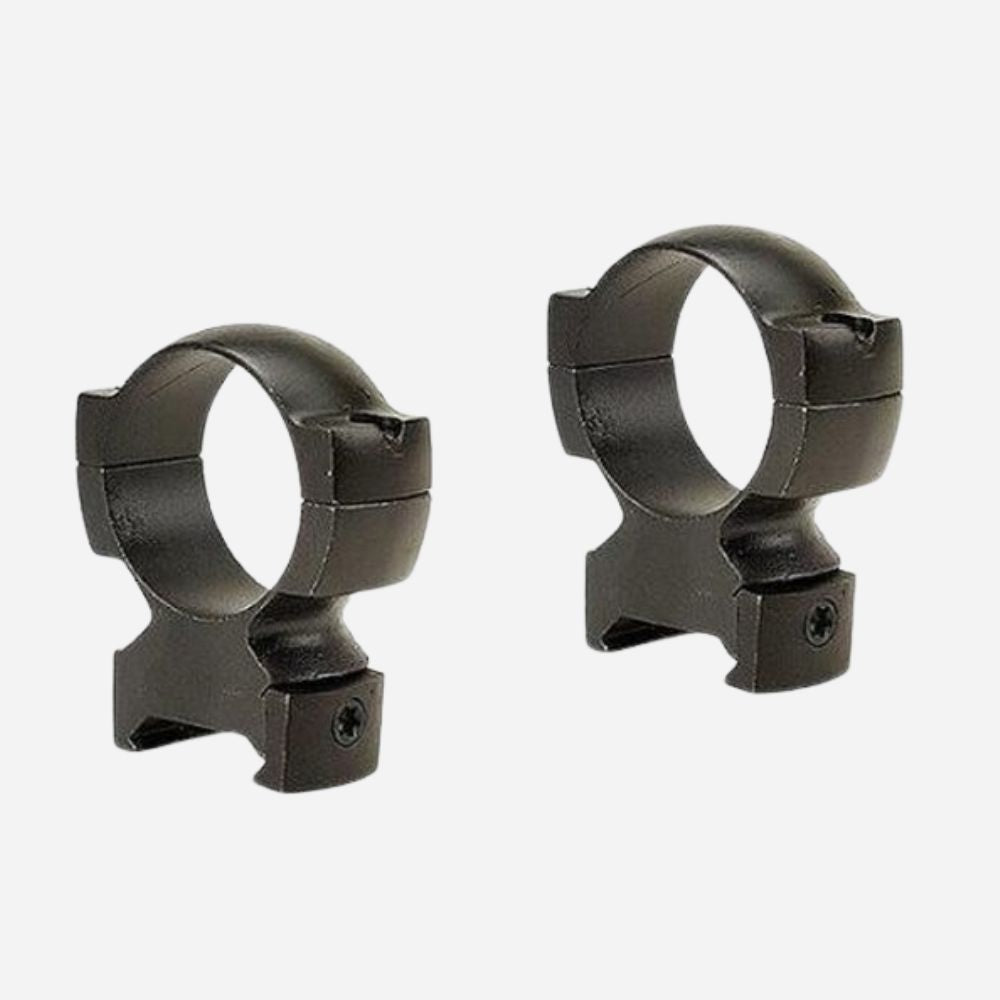 Two black rifle scope rings on a white background