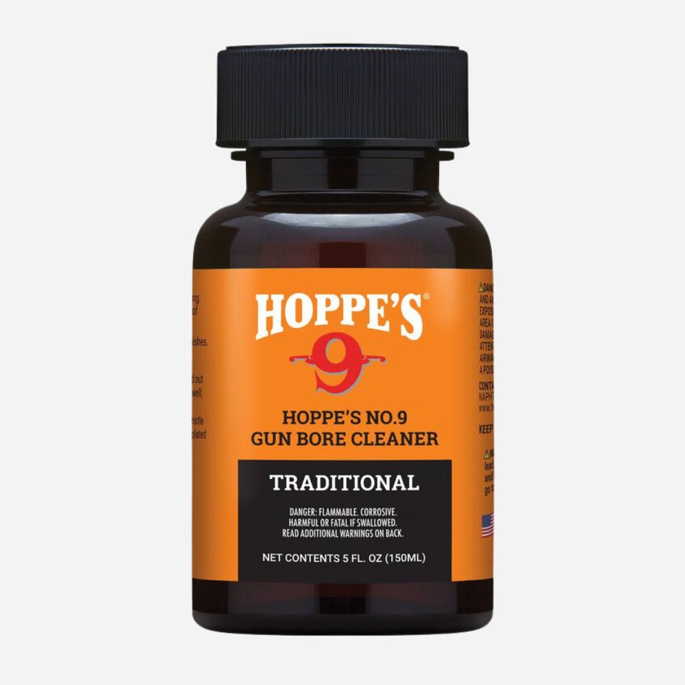 Hoppe's No. 9 gun bore cleaner bottle on a white background