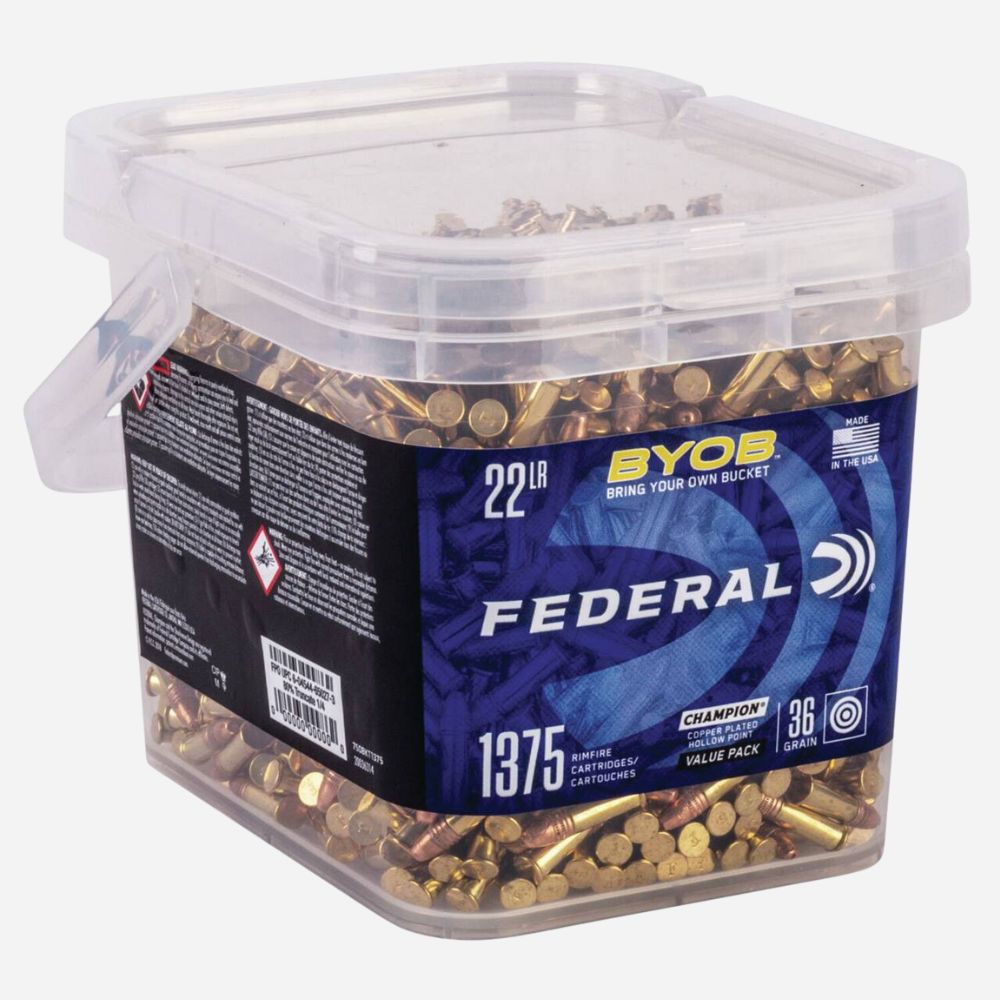 Clear container filled with Federal ammunition on a white background