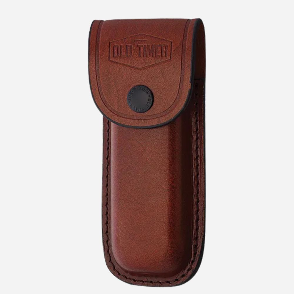 Brown leather pouch with 'Old Timer' branding on a white background