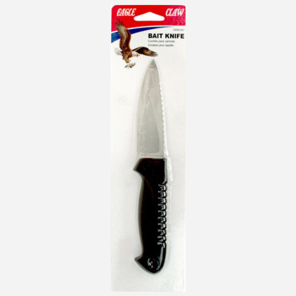 A packaged bait knife with a black handle and silver blade, attached to a white retail header card with red and blue branding.