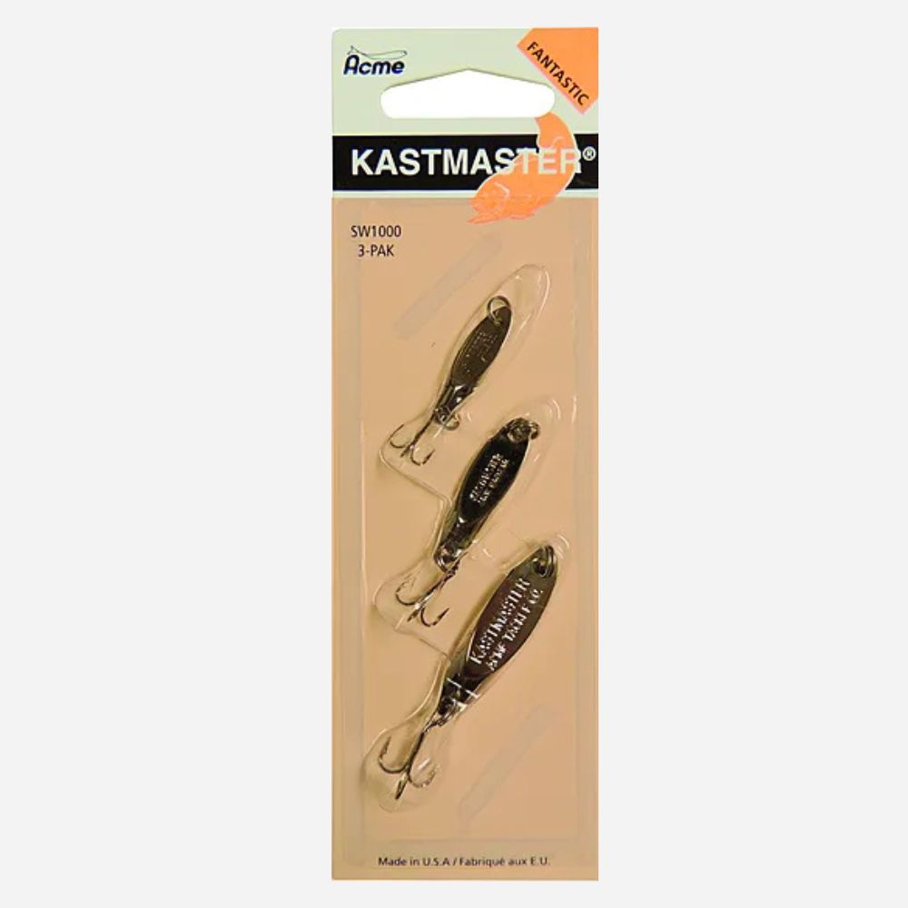 Acme Kastmaster fishing lures in packaging on a white background