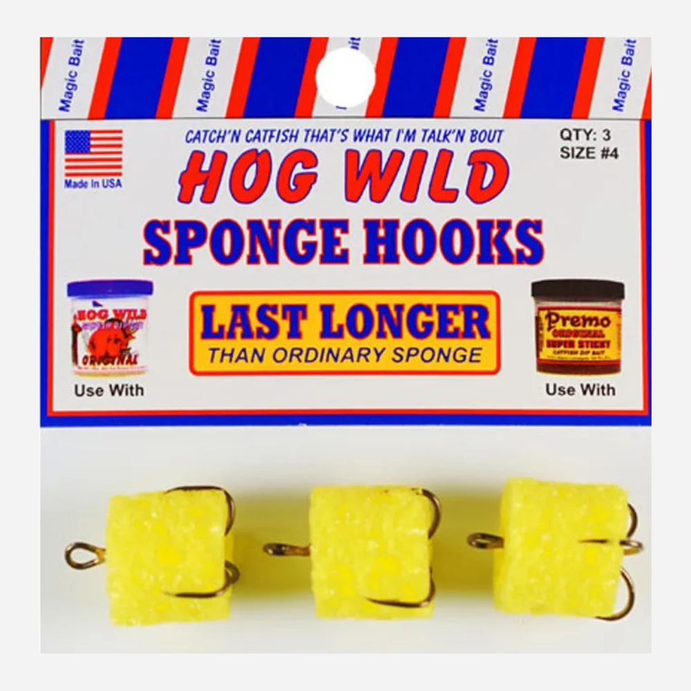 Packaging of Hog Wild Sponge Hooks with yellow sponge hooks on a white background