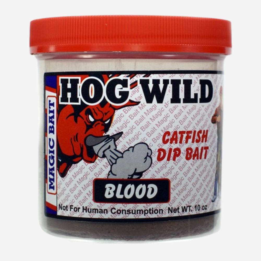 Jar of Hog Wild Catfish Dip Bait with red lid on a white background