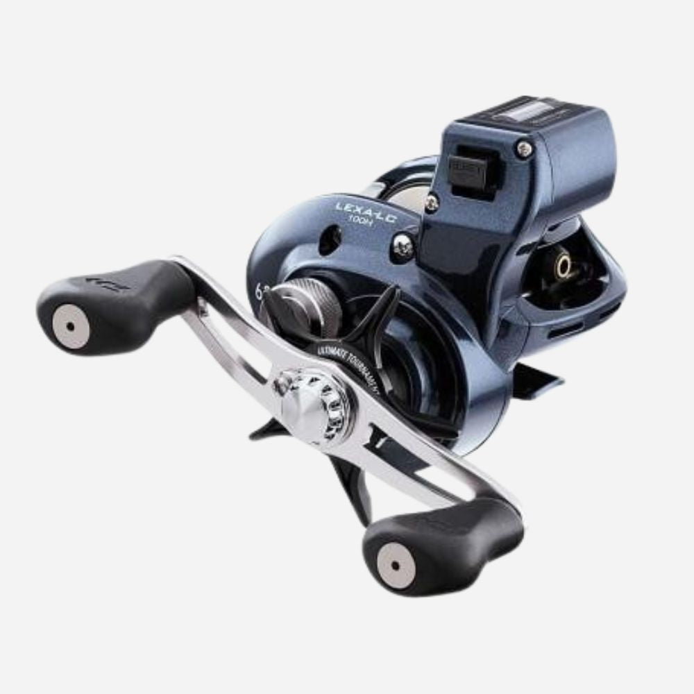 Fishing reel with metallic and black finish on a white background