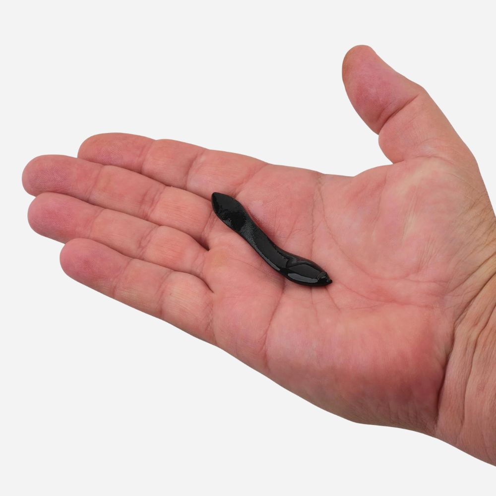 Small black object held in a person's palm against a white background