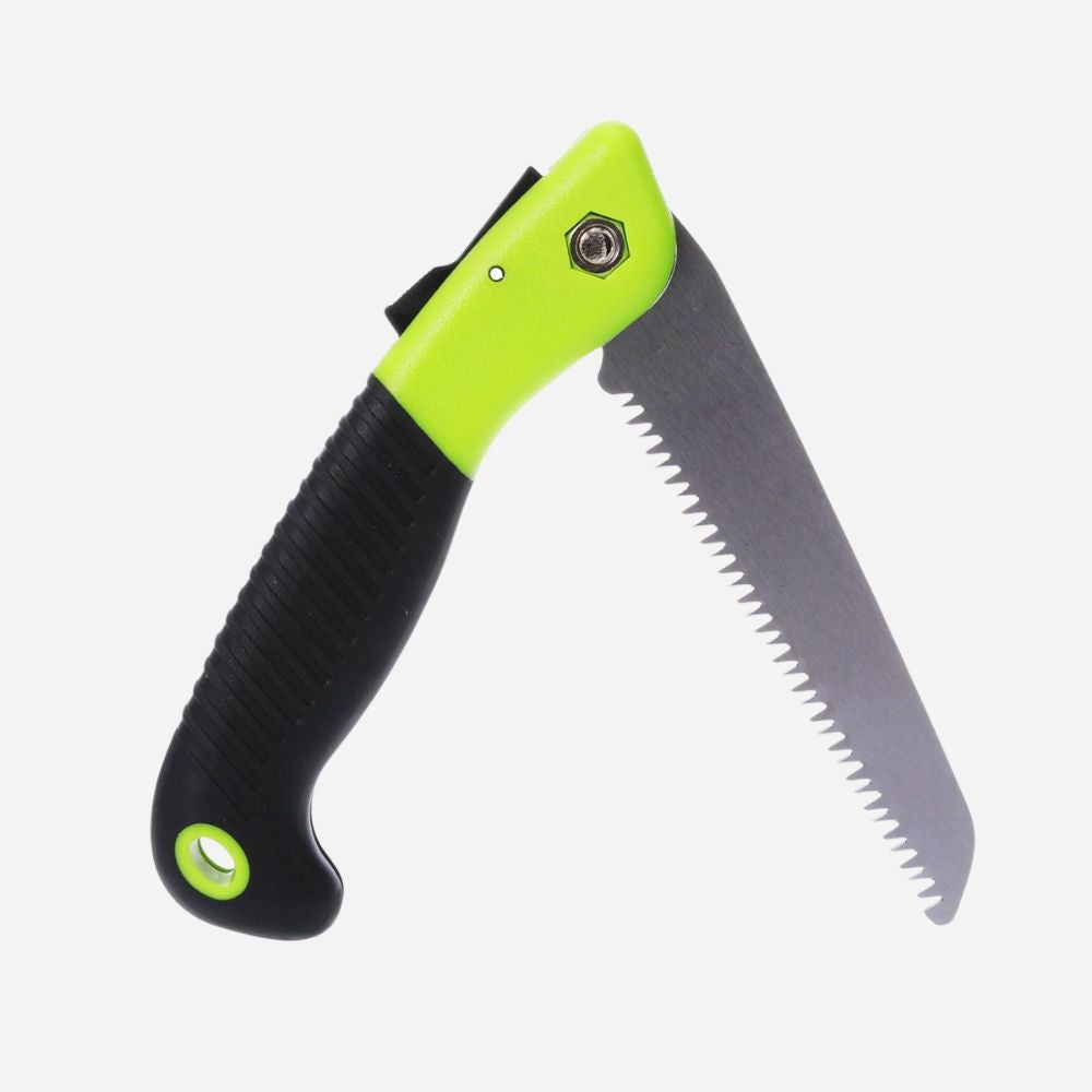Hand saw with green handle and silver blade on a white background