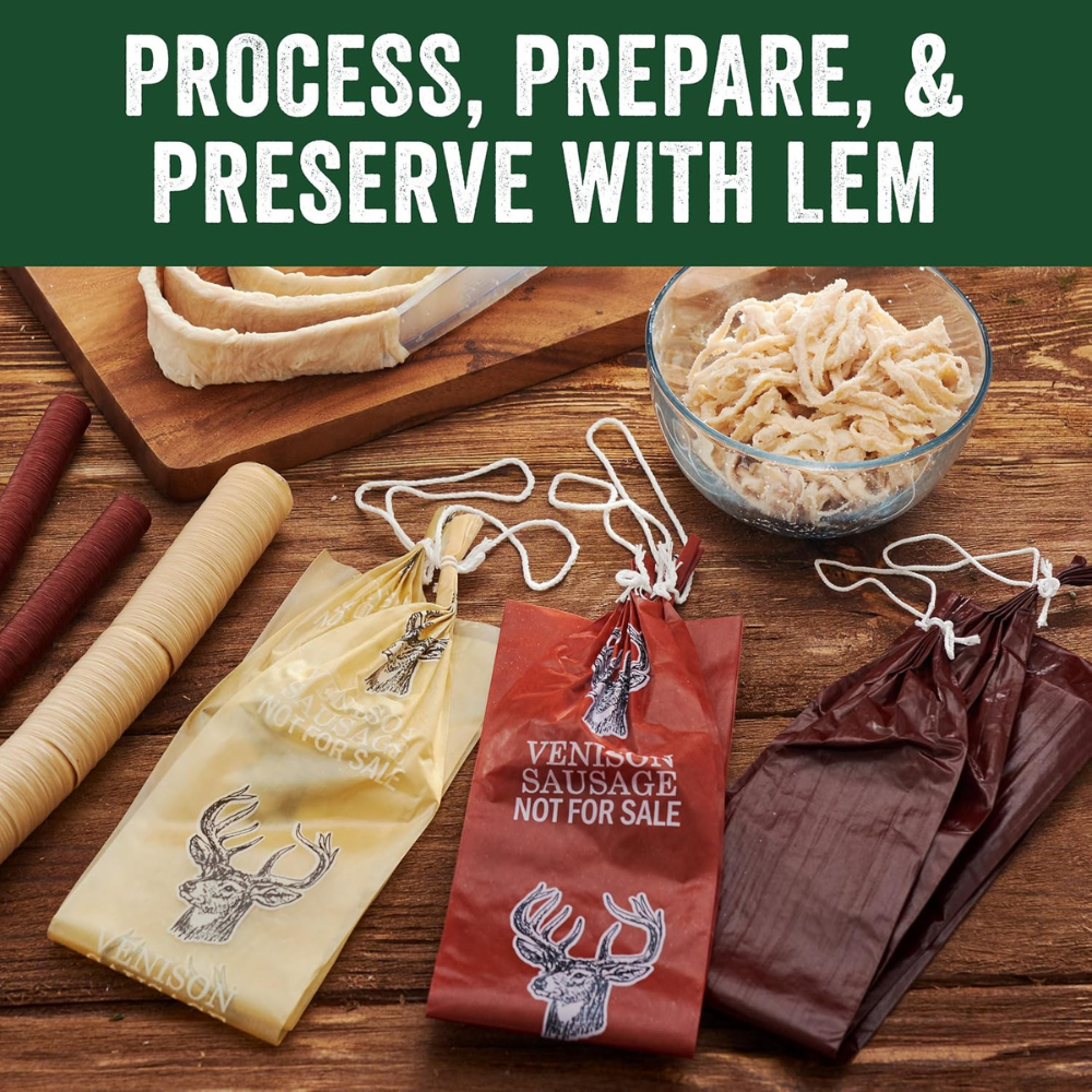Wooden table with food preservation items including bags, a knife, and a bowl of noodles with text 'Process, Prepare, & Preserve with LEM'.