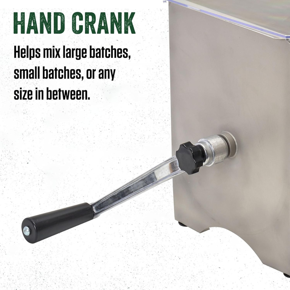 Hand crank attached to a mixing container with text explaining its use.